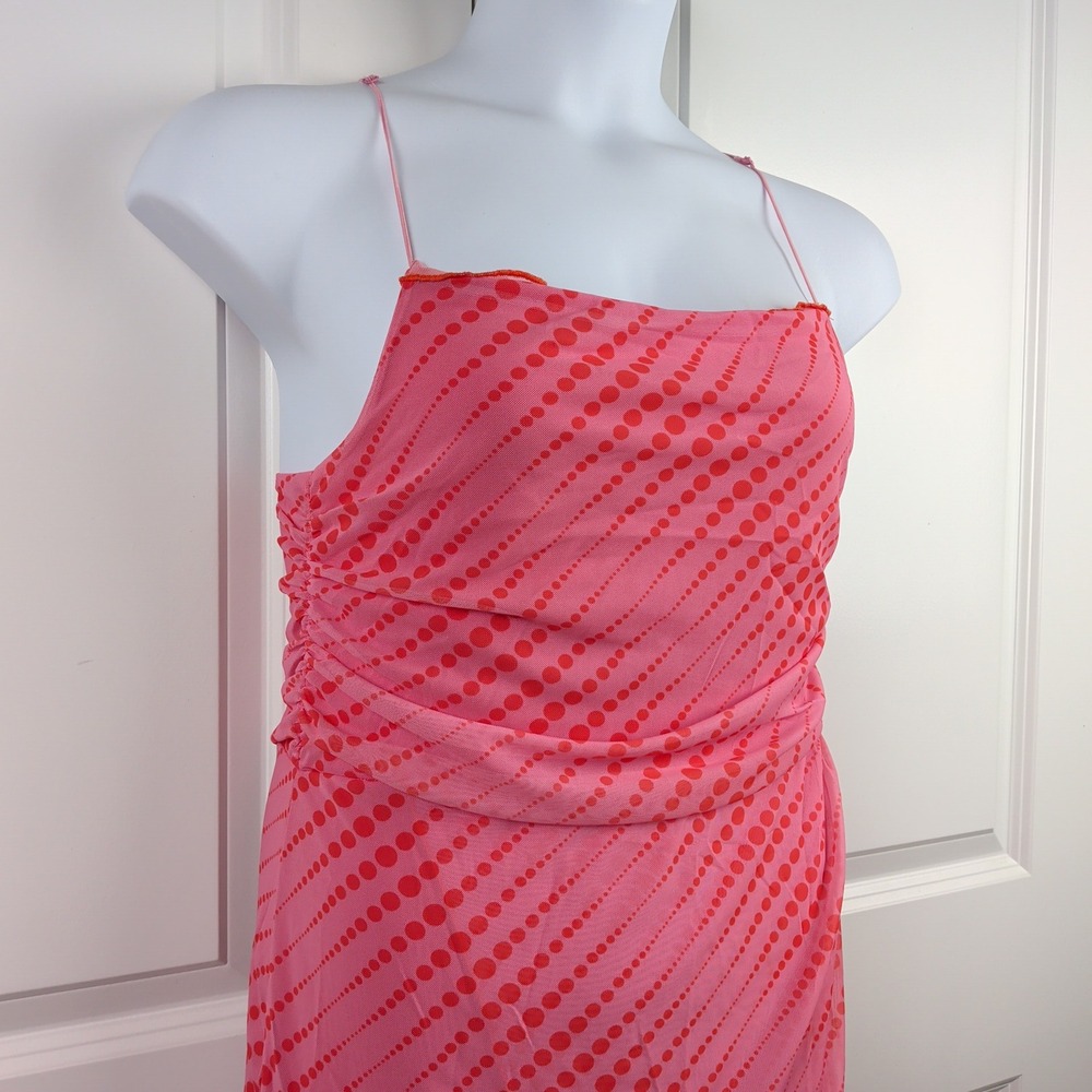 Urban Outfitters Dress Womens L Pink Red Mesh Ruched Maxi Strappy Y2K